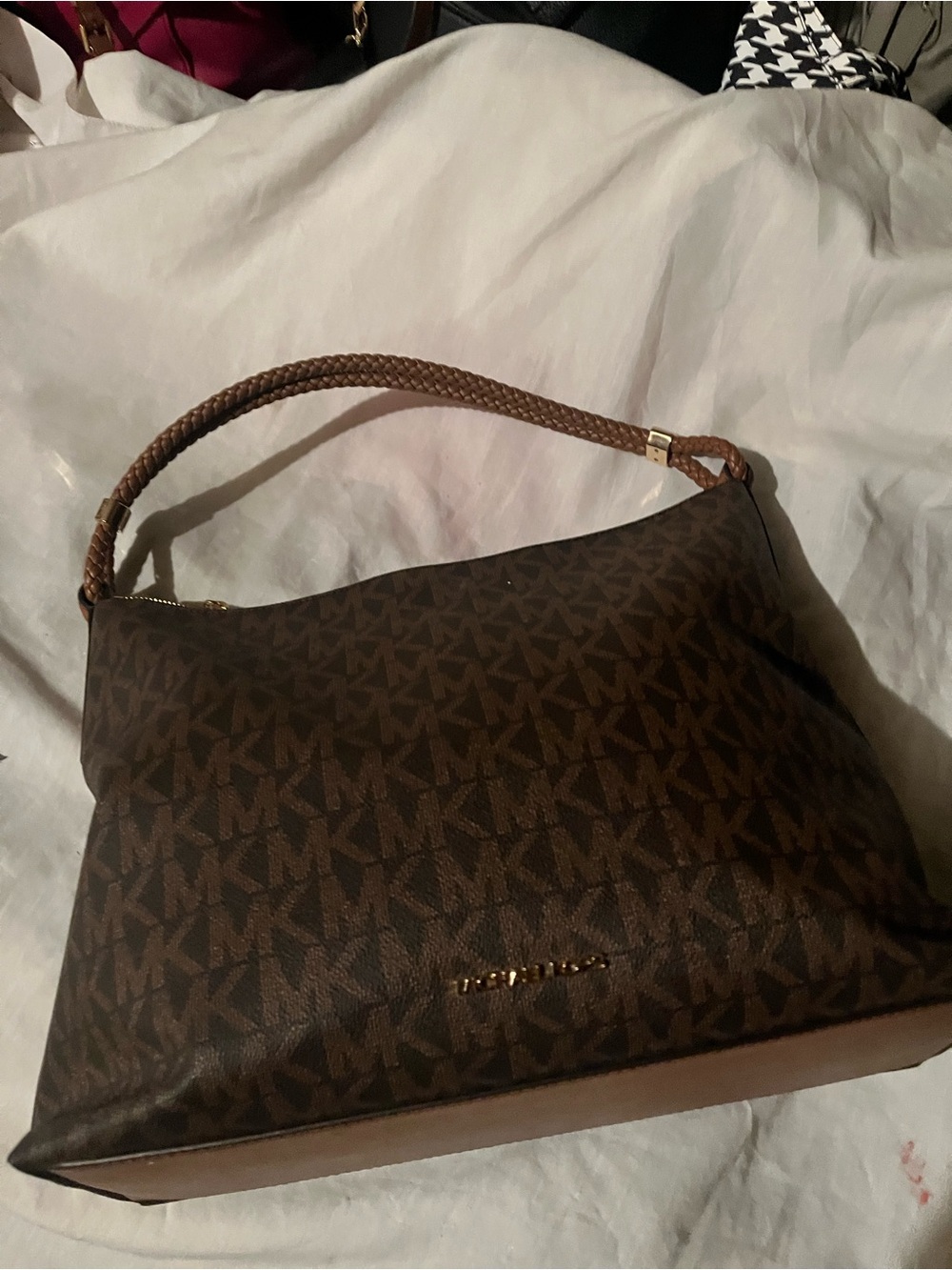 Michael Kors Brown Logo-Print Shoulder Hobo with Woven Strap